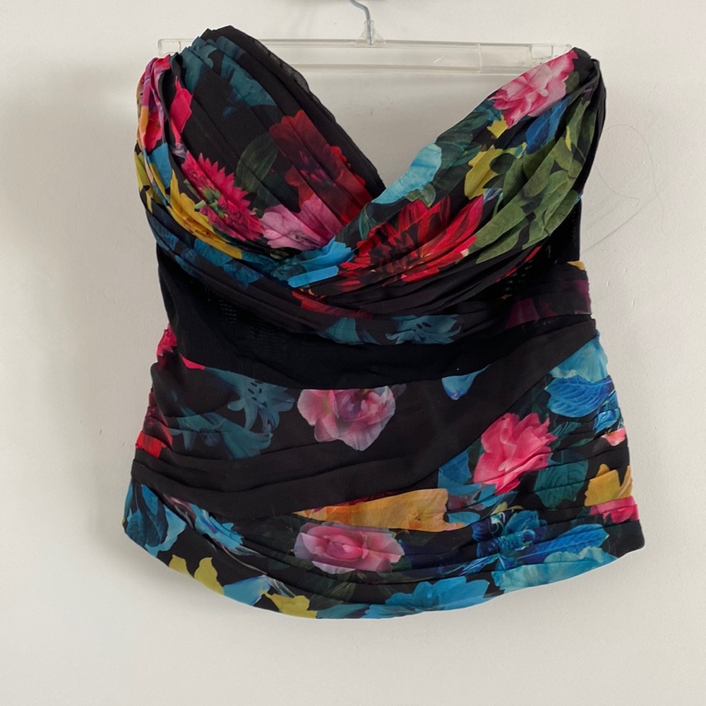 BEBE black sheer mesh floral rose corset bustier top 8
